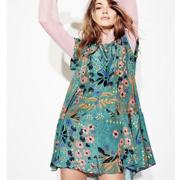 Free People Teal Floral Mini Dress - Picture 6 of 11